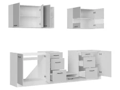 Cuisine complète 260 cm,Ensemble de meuble de cuisine coloris Blanc/Gris clair brillant, plan de travail non inclus
