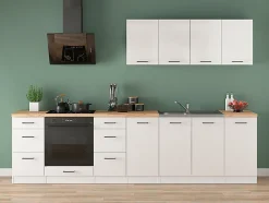 Cuisine complète 300 cm,Ensemble de meuble de cuisine coloris Blanc/Craie brillant, plan de travail non inclus