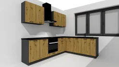 Cuisine complète d'angle ANIA 9 éléments couleur Chêne Artisan, Graphite - Longueur 200/260 cm