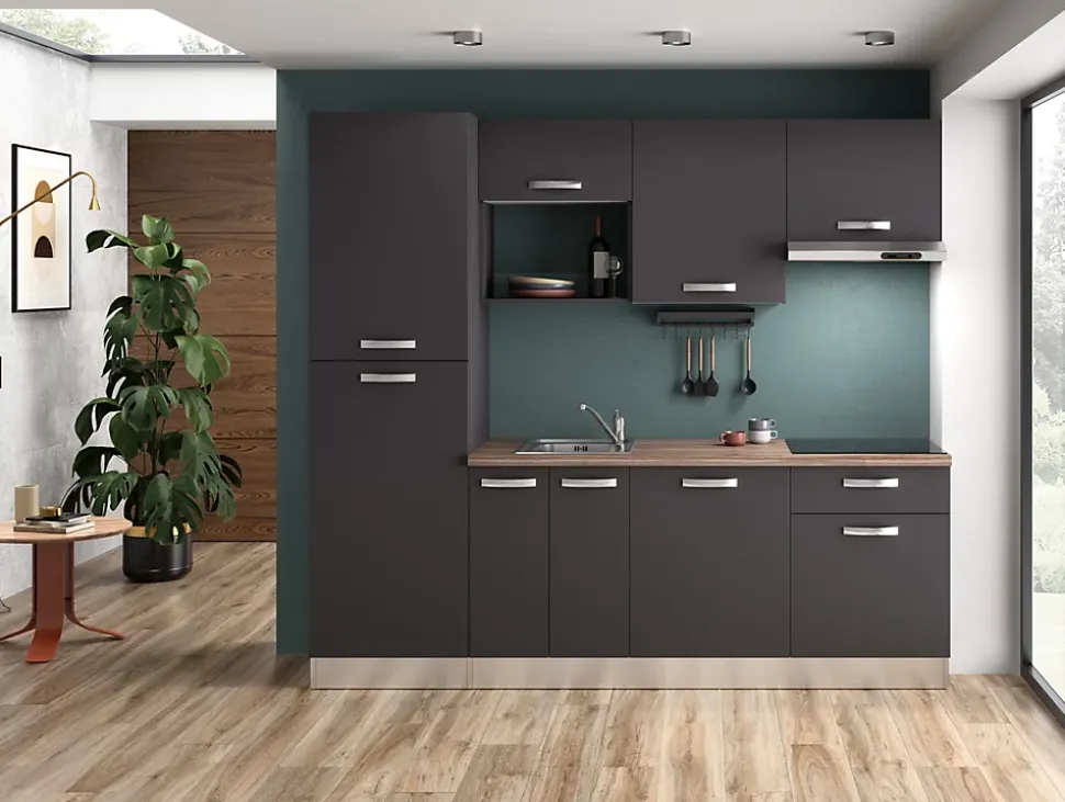 Cuisine complète montée All in Laetitia gris anthracite L. 240 cm avec électroménager