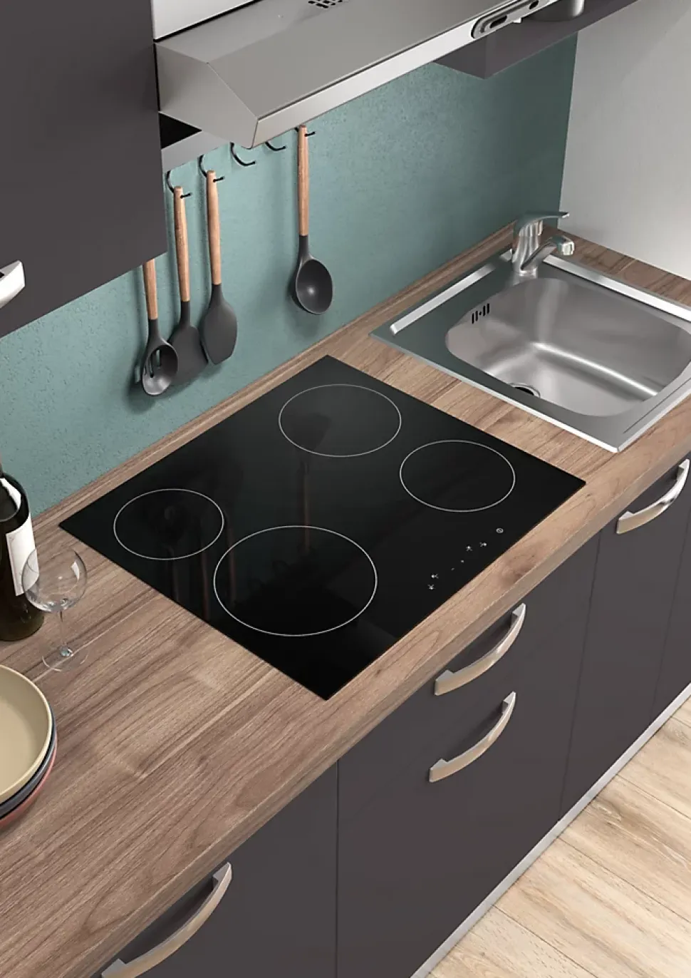 Cuisine complète montée All in gris anthracite L. 180 cm avec électroménager