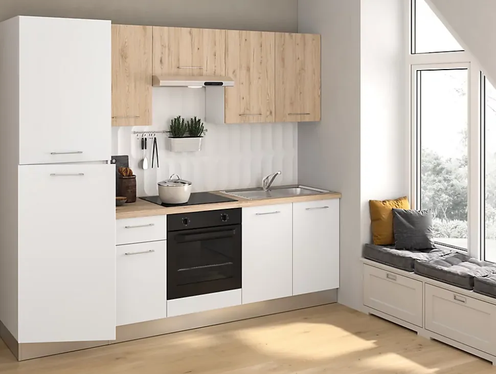 Cuisine complète pré-montée All In Urban décor bois et blanc l.250 cm avec électroménager