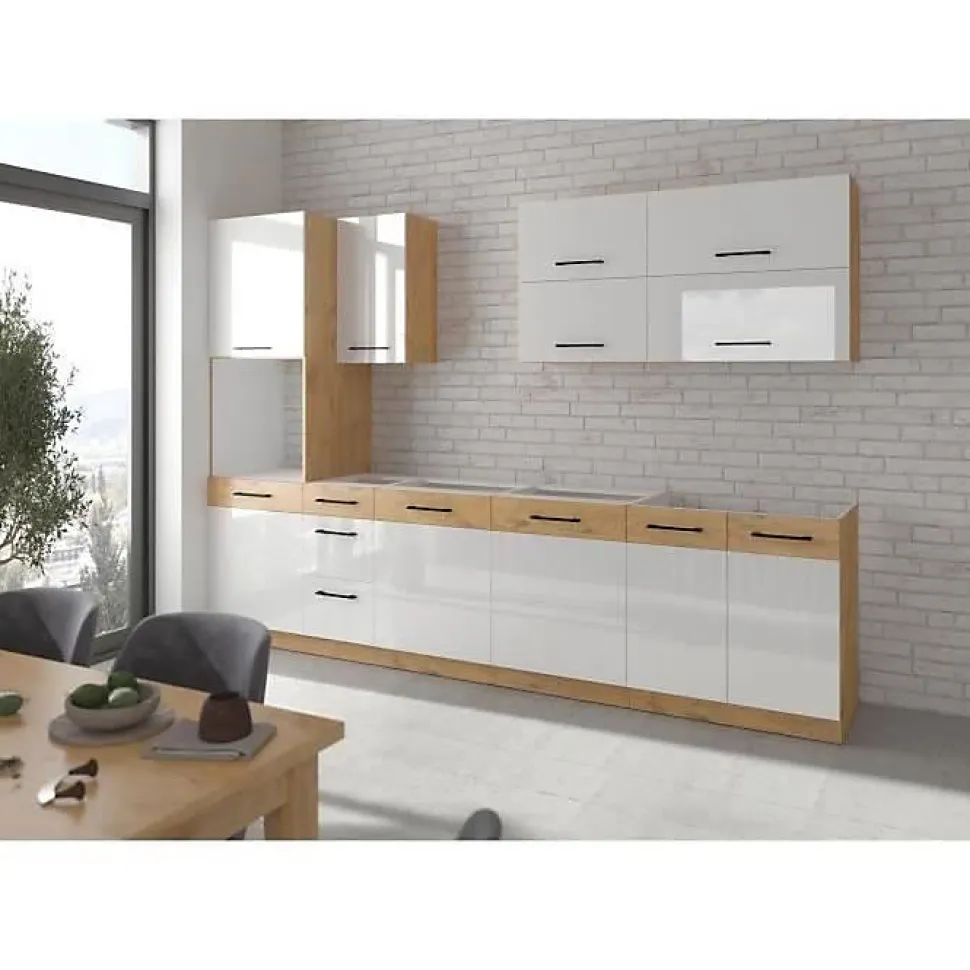 Cuisine complète ROCK AUCUNE 300 cm Chêne Lancelot et blanc brillant