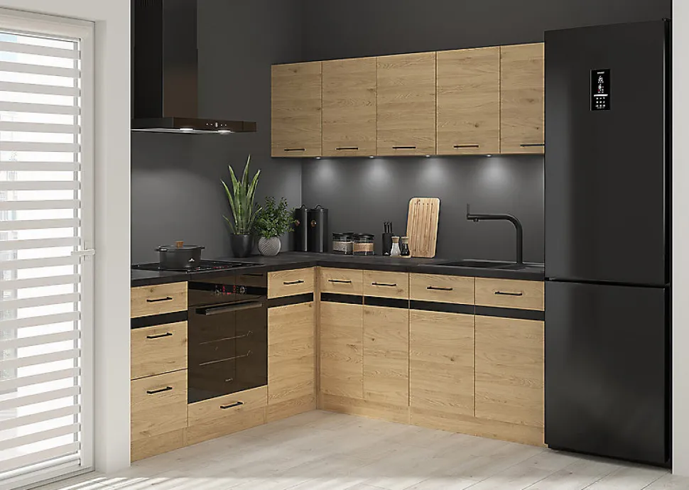 Cuisine d'angle complète 200x200 cm, Meubles de cuisine modulables coloris Chêne bernstein, plan de travail Non inclus