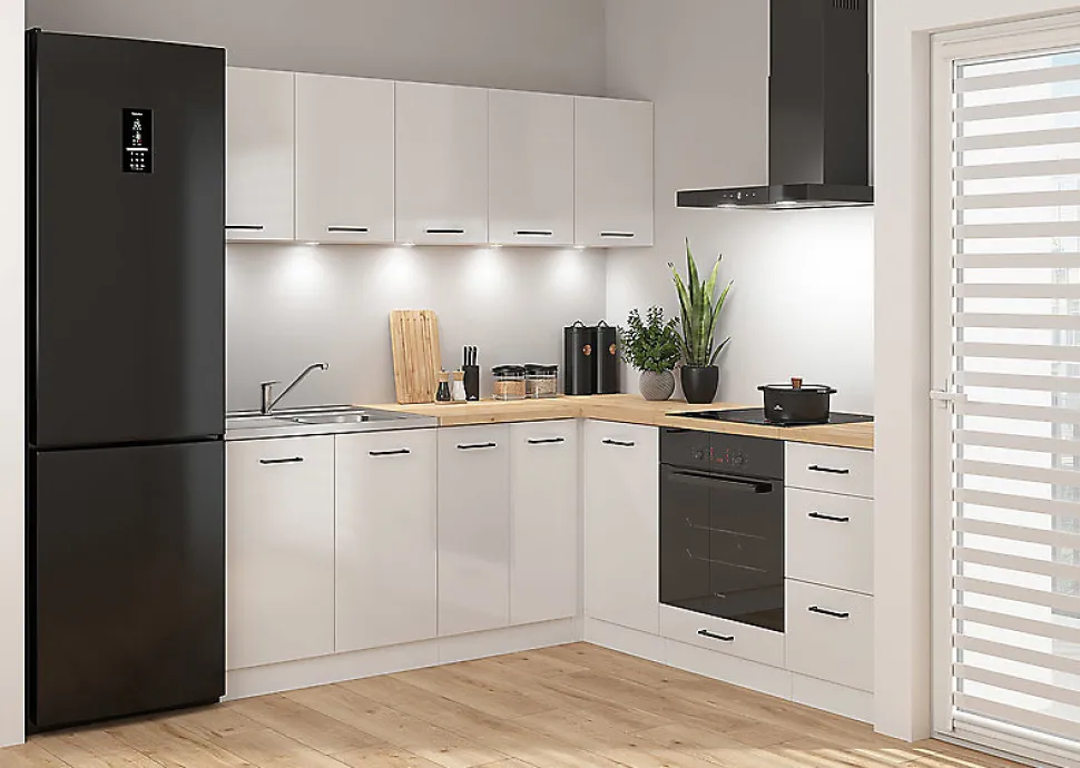 Cuisine d'angle complète 200x200 cm, Meubles de cuisine modulables coloris Blanc/Craie brillant, plan de travail chêne doré inclus