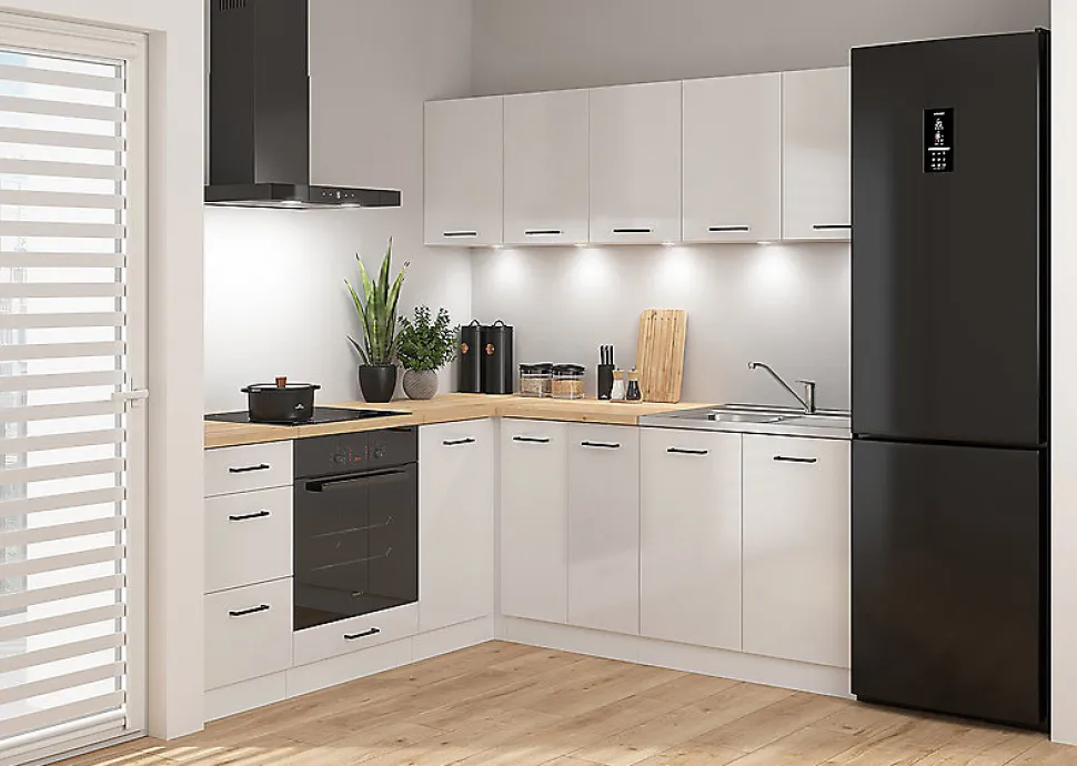 Cuisine d'angle complète 200x200 cm, Meubles de cuisine modulables coloris Blanc/Craie brillant, plan de travail chêne doré inclus