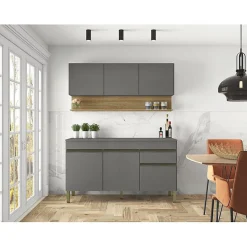 Cuisine Equipée - LINE - 6 Portes 1 Tiroir - Imitation Chêne et Gris - L 150 x H 200 cm
