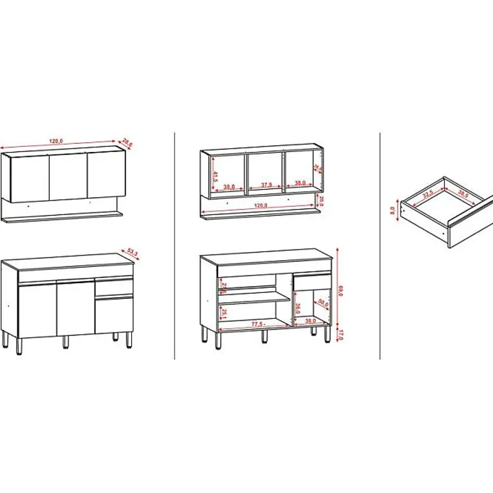 Cuisine Equipée - LINE - Imitation Chêne et Gris - 6 Portes - 1 Tiroir - L 120 x H 200 cm