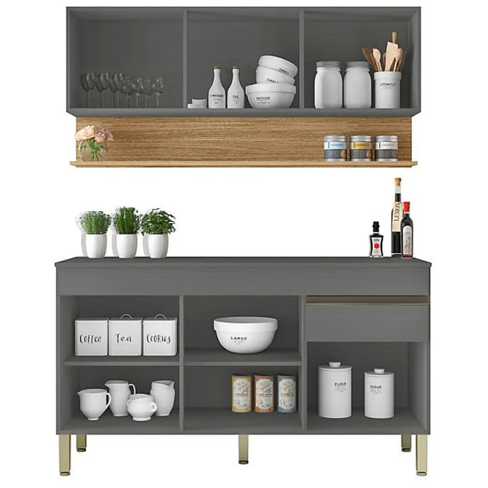 Cuisine Equipée - LINE - Imitation Chêne et Gris - 6 Portes - 1 Tiroir - L 120 x H 200 cm