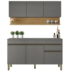 Cuisine Equipée - LINE - Imitation Chêne et Gris - 6 Portes - 1 Tiroir - L 150 x H 200 cm