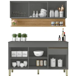 Cuisine Equipée - LINE - Imitation Chêne et Gris - 6 Portes - 1 Tiroir - L 150 x H 200 cm