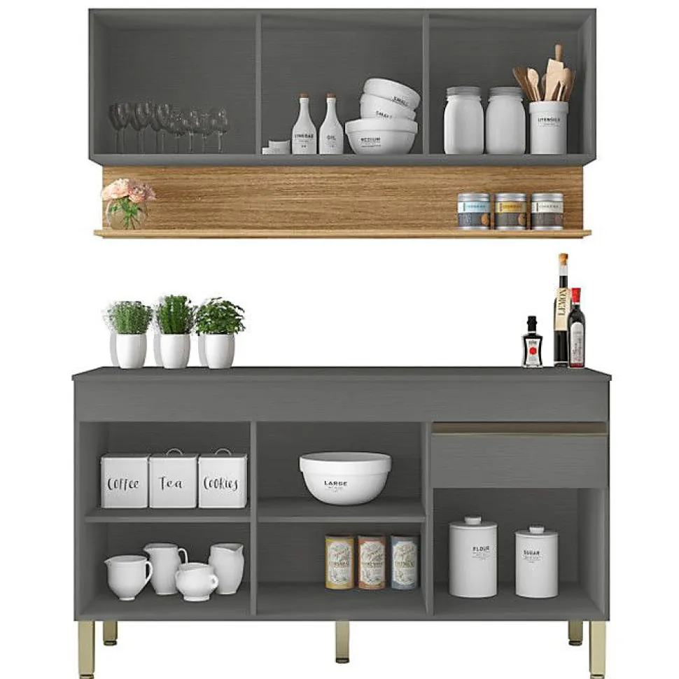 Cuisine Equipée - LINE - Imitation Chêne et Gris - 6 Portes - 1 Tiroir - L 150 x H 200 cm