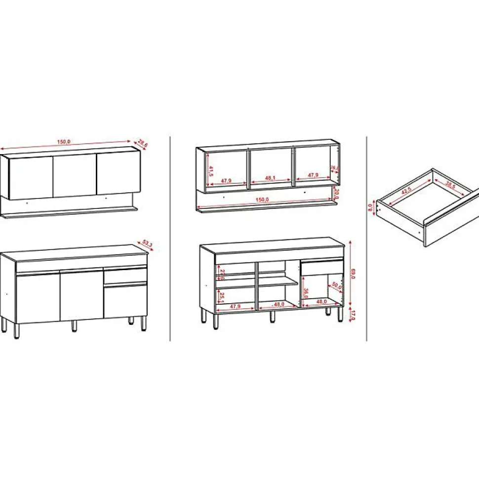 Cuisine Equipée - LINE - Imitation Chêne et Gris - 6 Portes - 1 Tiroir - L 150 x H 200 cm