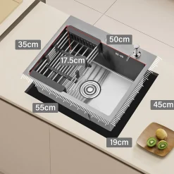 Cuisine Evier Simple en Acier Inoxydable 55x45x19 cm, avec Panier d'égouttage Télescopique, Distributeur de Savon en Acier