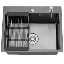 Cuisine Evier Simple en Acier Inoxydable 55x45x19 cm, avec Panier d'égouttage Télescopique, Distributeur de Savon en Acier