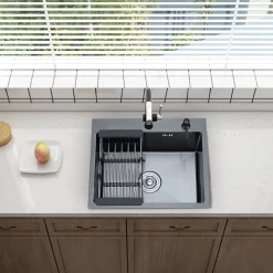 Cuisine Evier Simple en Acier Inoxydable 55x45x19 cm, avec Panier d'égouttage Télescopique, Distributeur de Savon en Acier