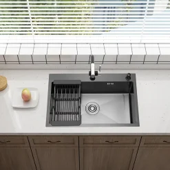 Cuisine Evier Simple en Acier Inoxydable 68x45x19 cm, avec Panier d'égouttage Télescopique, Distributeur de Savon en Acier