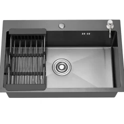 Cuisine Evier Simple en Acier Inoxydable 68x45x19 cm, avec Panier d'égouttage Télescopique, Distributeur de Savon en Acier