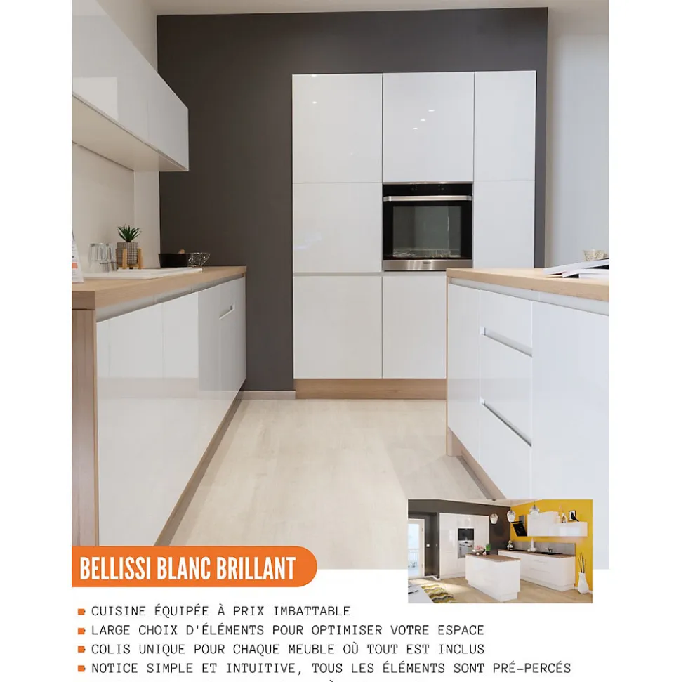 Cuisineandcie - Meuble haut de cuisine Bellissi Blanc Brillant 2 portes relevables avec vitre opaque L 90 cm