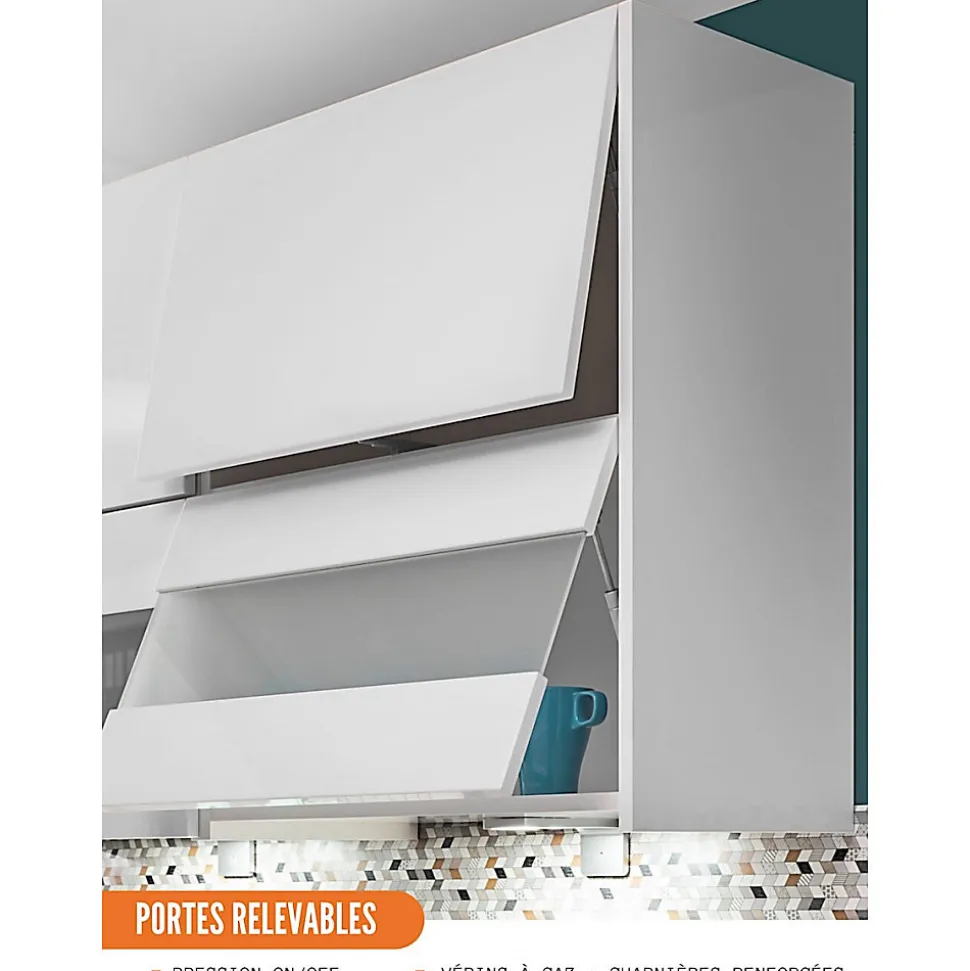 Cuisineandcie - Meuble haut de cuisine Bellissi Blanc Brillant 2 portes relevables avec vitre opaque L 90 cm