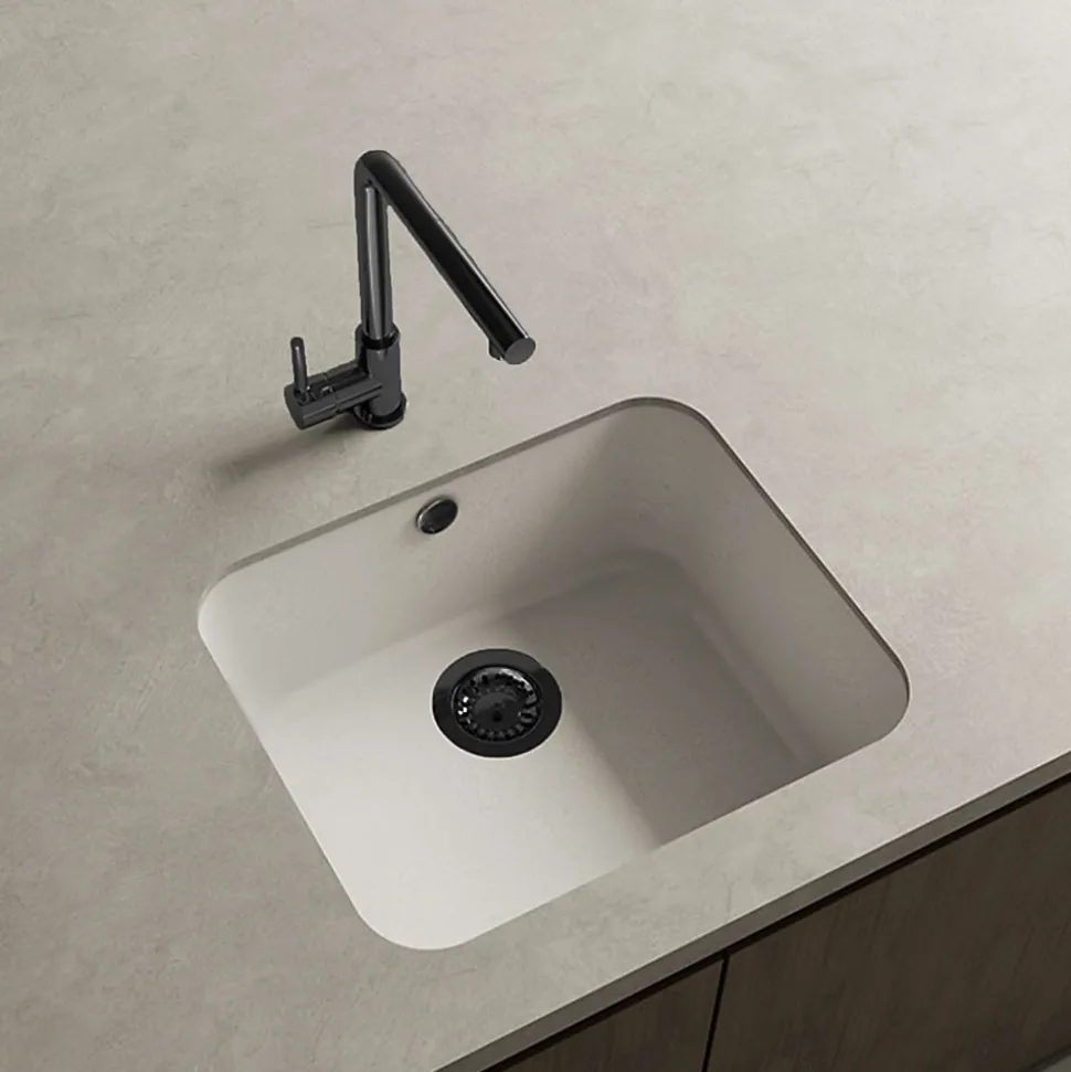 Cuve sous plan POALGI, GANDIA 194, Granit, Blanc Snow, 54 cm, 1 bac bonde noire