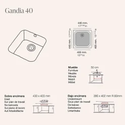 Cuve sous plan POALGI, GANDIA 193, Granit, Noir Basalt, 44 cm, 1 bac
