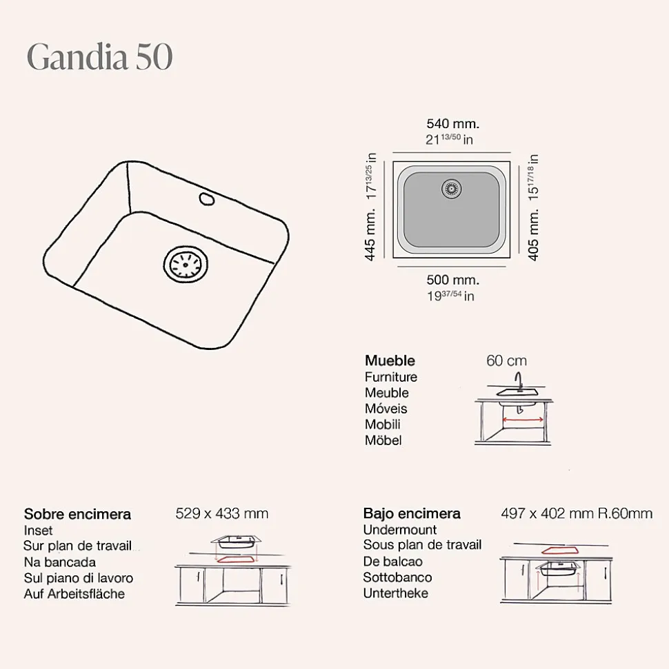 Cuve sous plan POALGI, GANDIA 194, Granit, Gris Ash, 54 cm, 1 bac