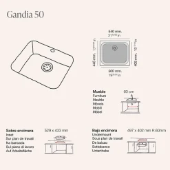 Cuve sous plan POALGI, GANDIA 194, Granit, Blanc Snow, 54 cm, 1 bac