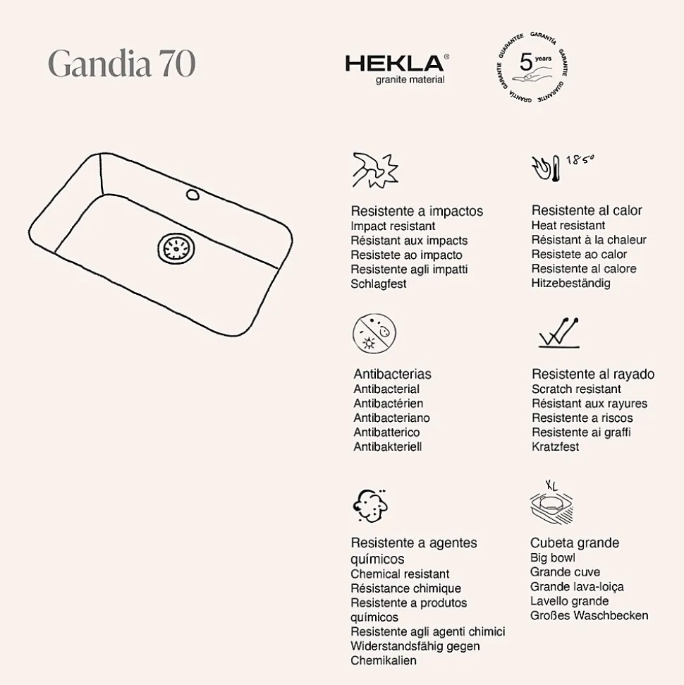 Cuve sous plan POALGI, GANDIA 195, Granit, Gris Ash, 74 cm, 1 bac