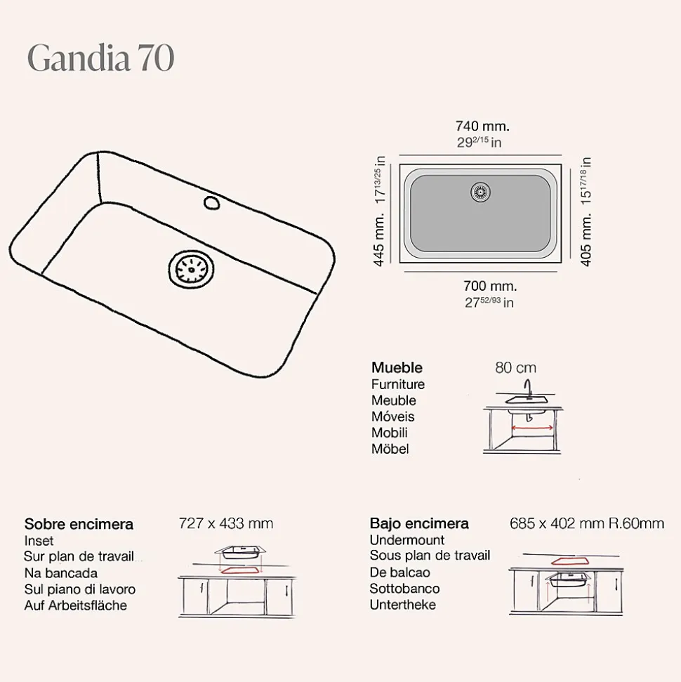 Cuve sous plan POALGI, GANDIA 195, Granit, Blanc Snow, 74 cm, 1 bac