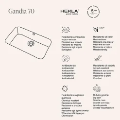 Cuve sous plan POALGI, GANDIA 195, Granit, Gris Ash, 74 cm, 1 bac bonde or