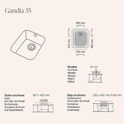 Cuve sous plan POALGI, GANDIA 192, Granit, Gris Ash, 38 cm, 1 bac bonde noire