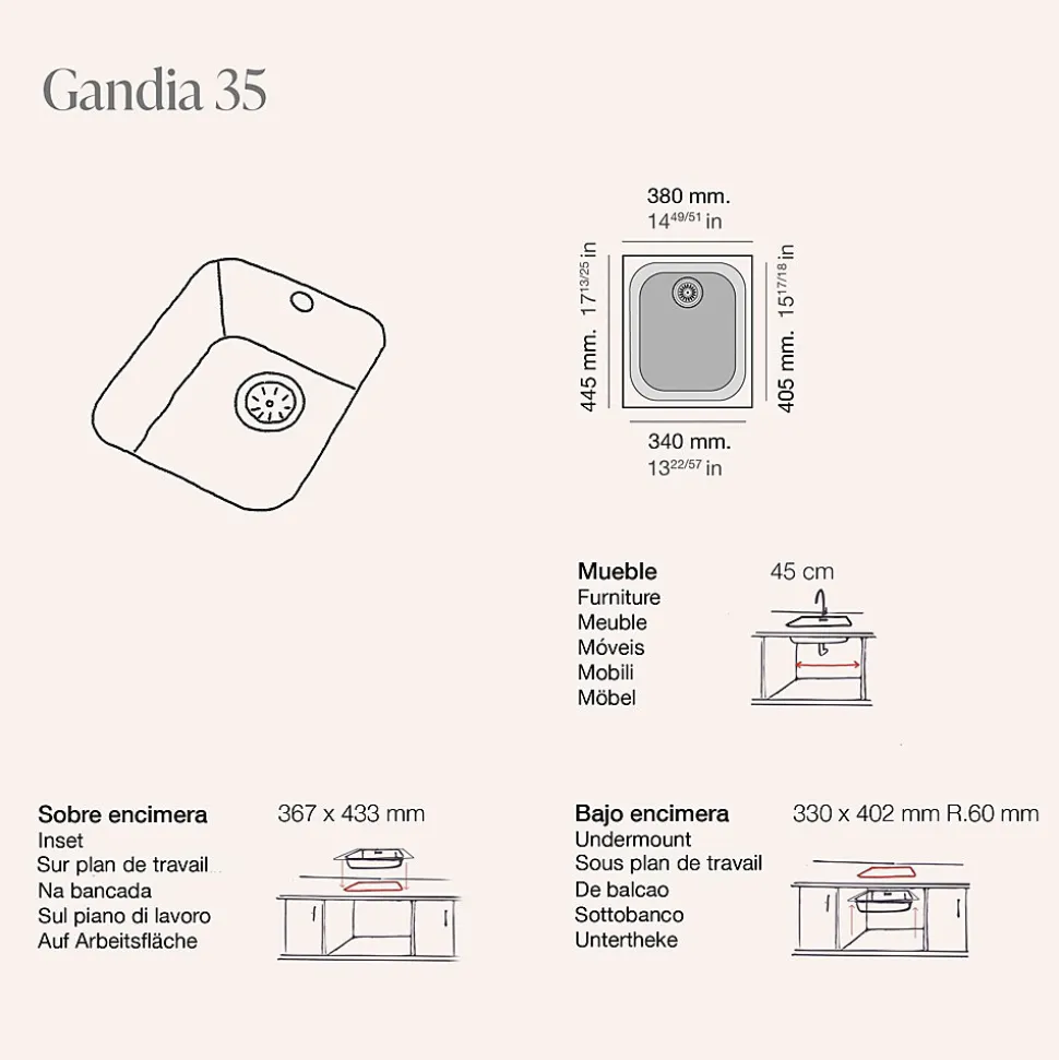 Cuve sous plan POALGI, GANDIA 192, Granit, Gris Ash, 38 cm, 1 bac bonde noire