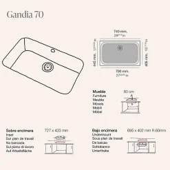 Cuve sous plan POALGI, GANDIA 195, Granit, Noir Basalt, 74 cm, 1 bac