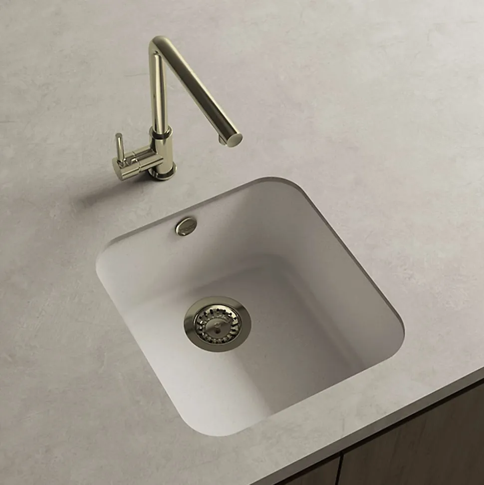 Cuve sous plan POALGI, GANDIA 193, Granit, Blanc Snow, 44 cm, 1 bac bonde or