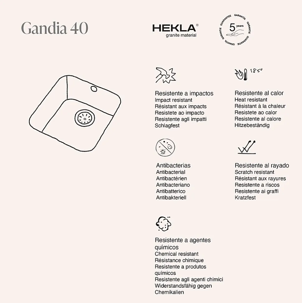 Cuve sous plan POALGI, GANDIA 193, Granit, Blanc Snow, 44 cm, 1 bac bonde or