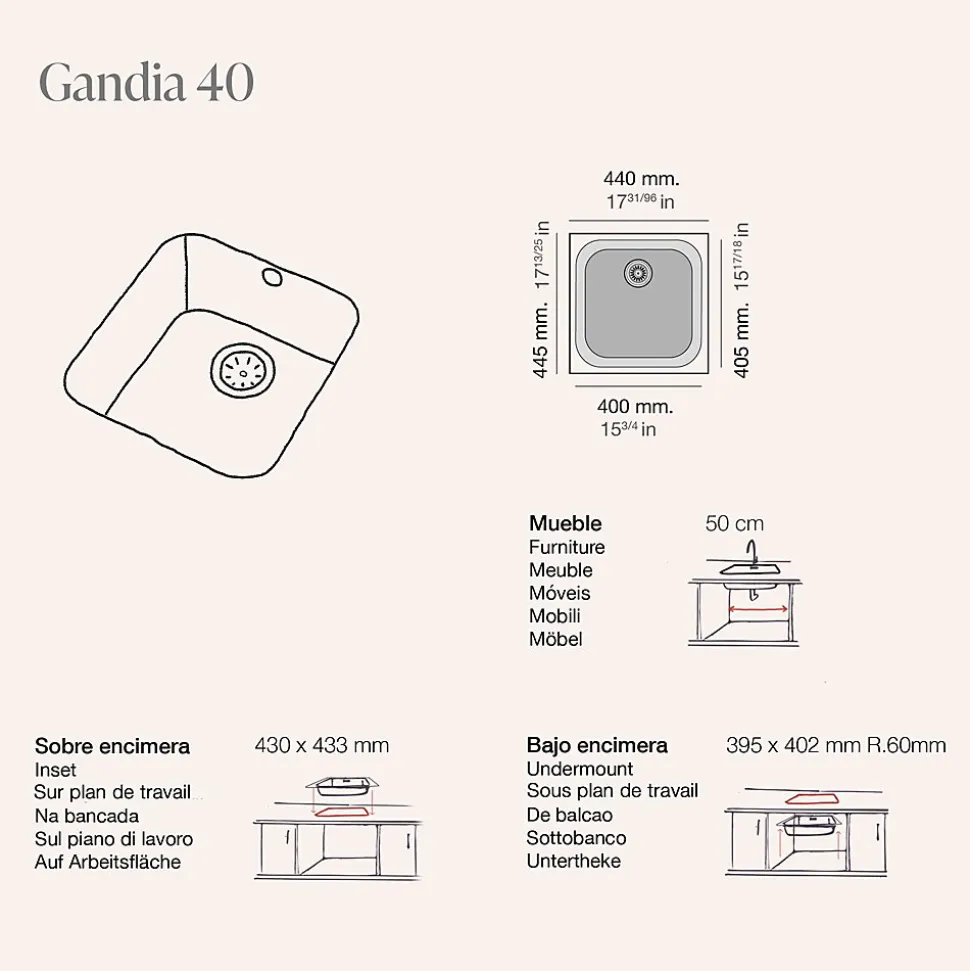 Cuve sous plan POALGI, GANDIA 193, Granit, Gris Ash, 44 cm, 1 bac bonde noire