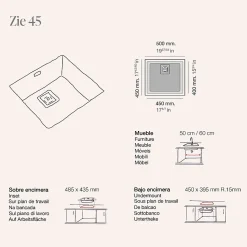 Cuve sous plan POALGI, ZIE 181, Granit, Blanc Snow, 50 cm, 1 bac