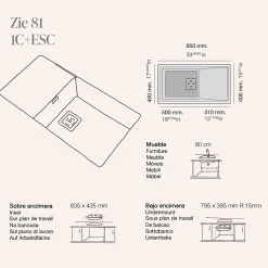 Cuve sous plan POALGI, ZIE 185, Granit, Noir Basalt, 85 cm, 1 bac et 1 égouttoir bonde or