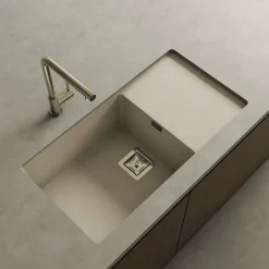 Cuve sous plan POALGI, ZIE 185, Granit, Beige Pumice, 85 cm, 1 bac et 1 égouttoir bonde or