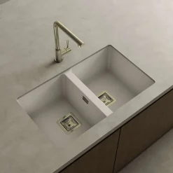 Cuve sous plan POALGI, ZIE 184, Granit, Blanc Snow, 75 cm, 2 bacs bonde or