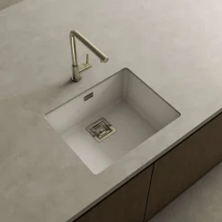 Cuve sous plan POALGI, ZIE 186, Granit, Blanc Snow, 55 cm, 1 bac bonde or