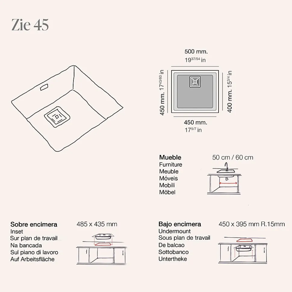 Cuve sous plan POALGI, ZIE 181, Granit, Beige Pumice, 50 cm, 1 bac