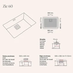 Cuve sous plan POALGI, ZIE 182, Granit, Gris Ash, 65 cm, 1 bac bonde or