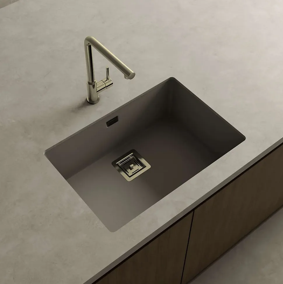 Cuve sous plan POALGI, ZIE 182, Granit, Gris Ash, 65 cm, 1 bac bonde or