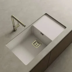 Cuve sous plan POALGI, ZIE 185, Granit, Blanc Snow, 85 cm, 1 bac et 1 égouttoir bonde or