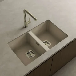 Cuve sous plan POALGI, ZIE 184, Granit, Beige Pumice, 75 cm, 2 bacs bonde or