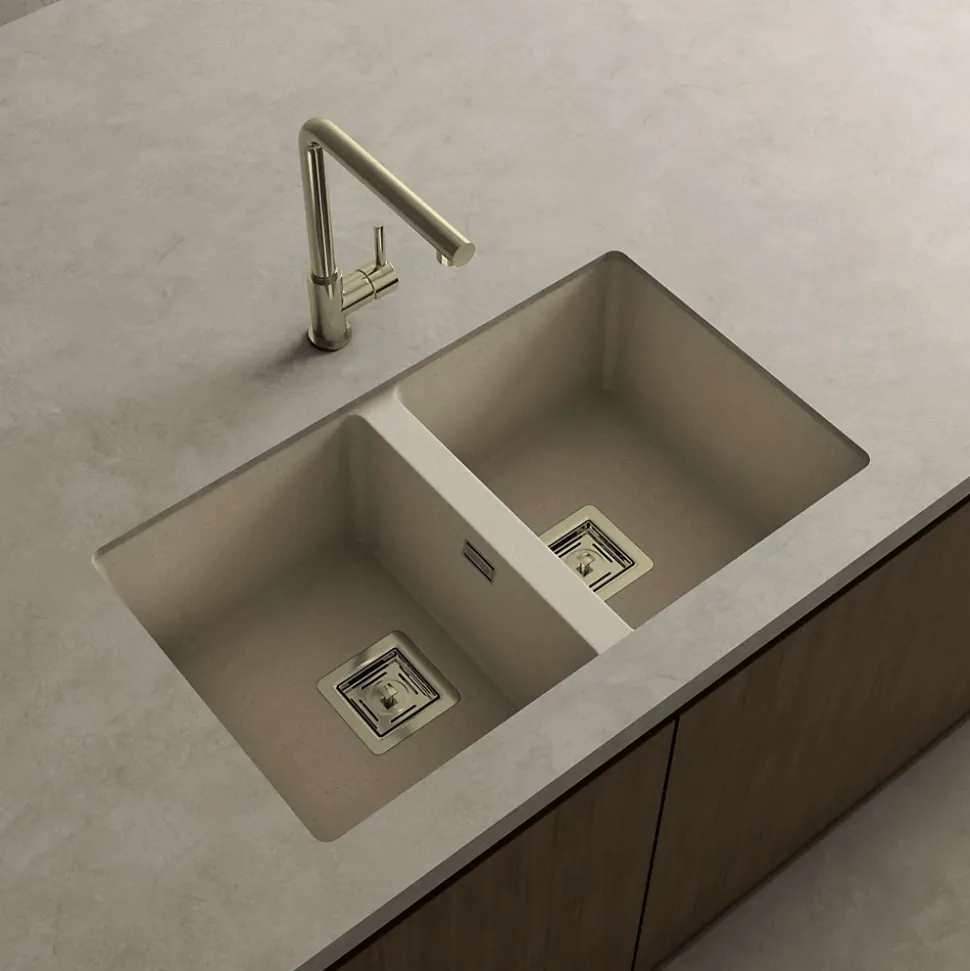 Cuve sous plan POALGI, ZIE 184, Granit, Beige Pumice, 75 cm, 2 bacs bonde or