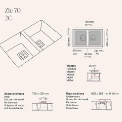 Cuve sous plan POALGI, ZIE 184, Granit, Beige Pumice, 75 cm, 2 bacs bonde or