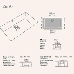 Cuve sous plan POALGI, ZIE 187, Granit, Noir Basalt, 75 cm, 1 bac bonde or